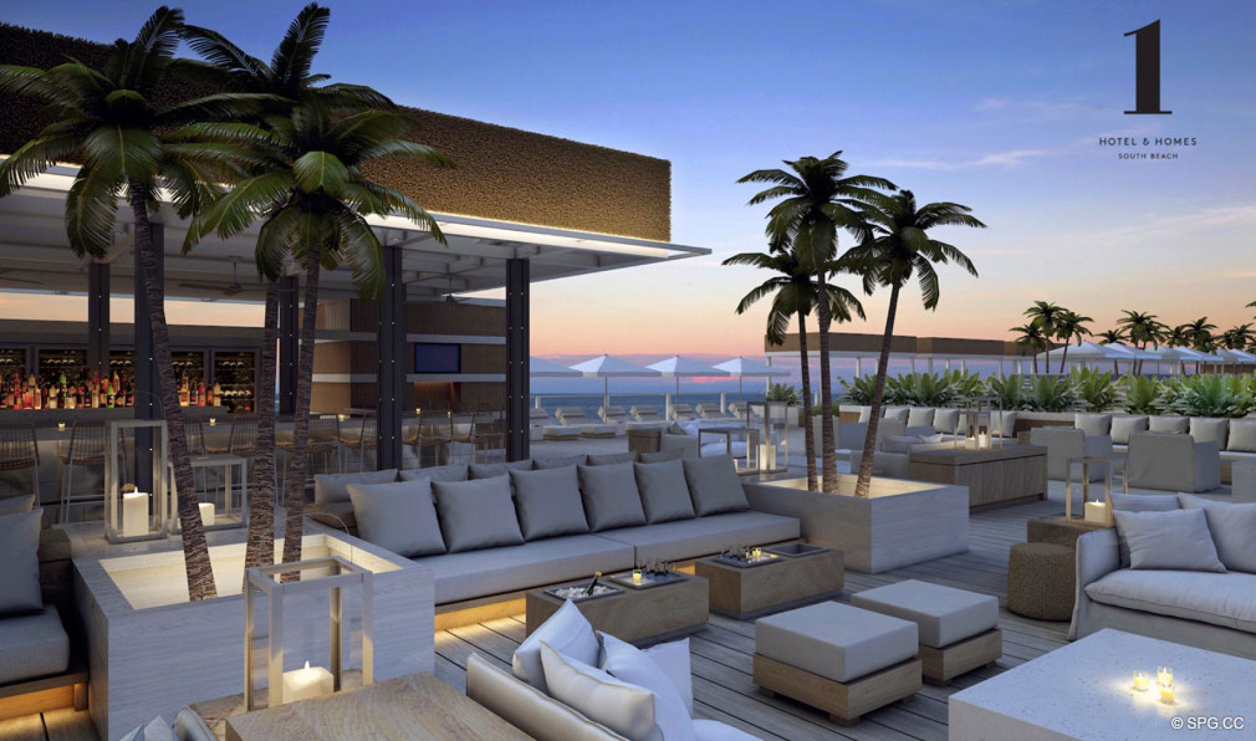 Beachfront Lounge at 1 Hotel & Homes South Beach, Luxury Oceanfront Condominiums Located at 2399 Collins Ave, Miami Beach, FL 33139