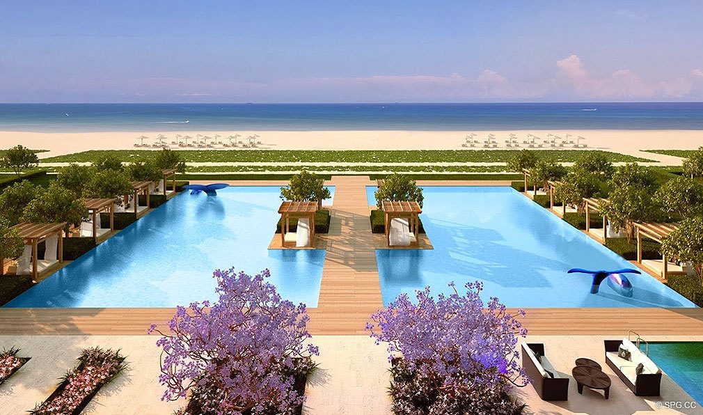 Pool Deck View at Fendi Chateau Residences, Luxury Oceanfront Condominiums Located at 9365 Collins Ave, Surfside, FL 33154