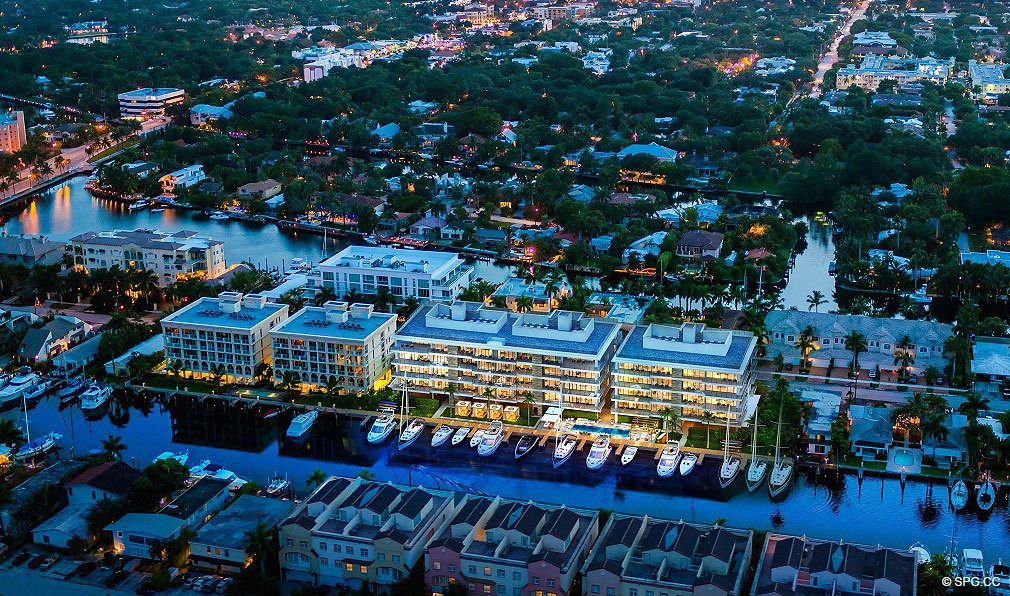 Evening Aerial View of AquaVita Las Olas, Luxury Waterfront Condos in Fort Lauderdale, Florida 33301