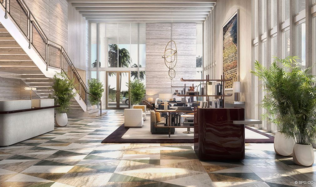 Main Lobby at The Four Seasons Private Residences Fort Lauderdale, Luxury Oceanfront Condos in Fort Lauderdale, Florida 33304.