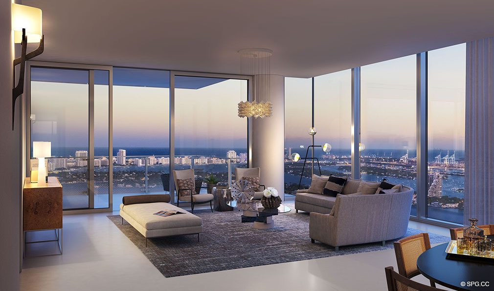 Living Room Design at Missoni Baia, Luxury Waterfront Condos in Miami, Florida 33137