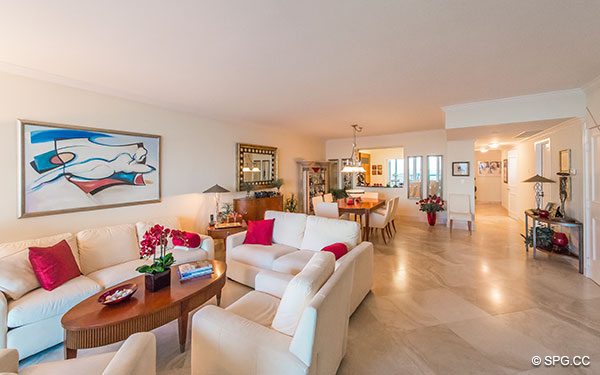 Living and Dining Room in Residence 22a, Tower II at The Palms, Luxury Oceanfront Condos. 2110 North Ocean Blvd. Fort Lauderdale, Florida 33305
