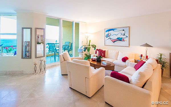 Living Room with Oceanside Terrace in Residence 22a, Tower II at The Palms, Luxury Oceanfront Condos. 2110 North Ocean Blvd. Fort Lauderdale, Florida 33305