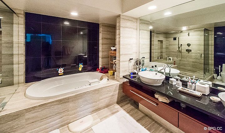 Master Bath with Whirlpool Tub in Residence 803 at Las Olas Beach Club, Luxury Oceanfront Condos in Fort Lauderdale, Florida 33316.