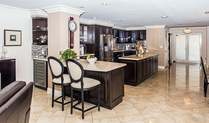 Kitchen and Bar Area in Residence 105 at La Cascade, Luxury Waterfront Condominiums in Fort Lauderdale, Florida 33304.