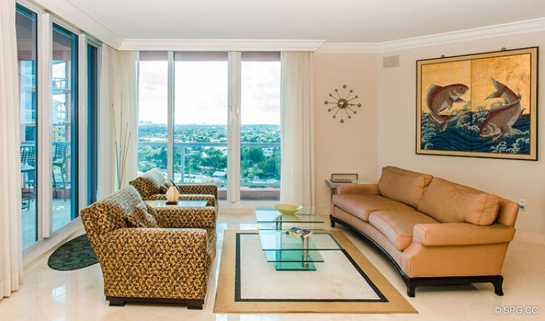 Living Room inside Residence 15E, Tower II at The Palms, Luxury Oceanfront Condos in Fort Lauderdale, Florida 33305.
