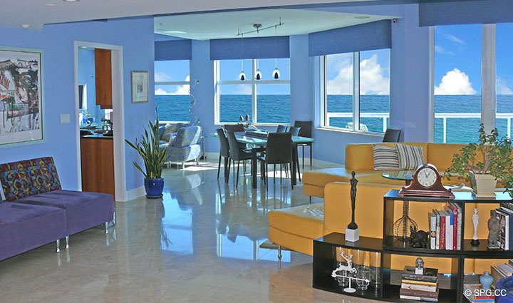 Great Room at Luxury Oceanfront Residence 24E, Tower II at The Palms Condominium located in Fort Lauderdale Beach, FL 33305