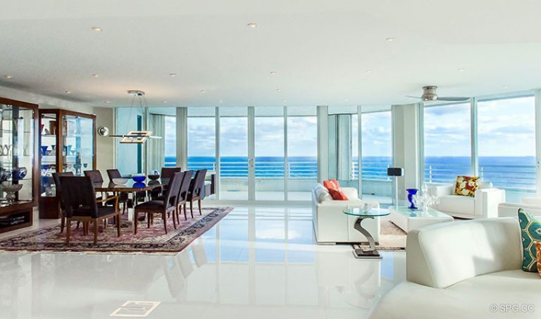 Living Room and Dining Room in Residence 18D at Cristelle, Luxury Oceanfront Condominiums in Lauderdale by the Sea, Florida 33062.