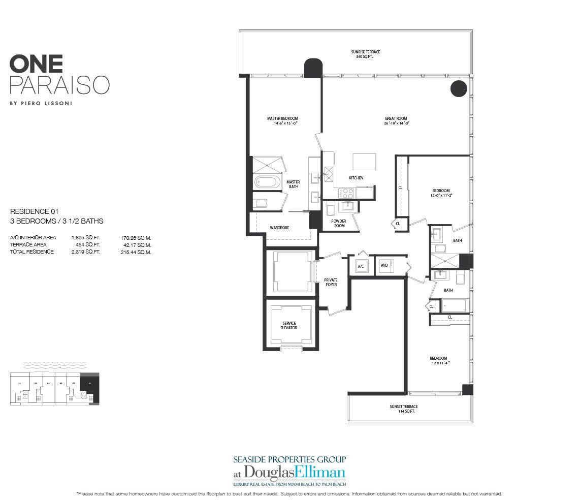 Residence 1 Floorplan for One Paraiso, Luxury Waterfront Condos in Miami, Florida, 33137