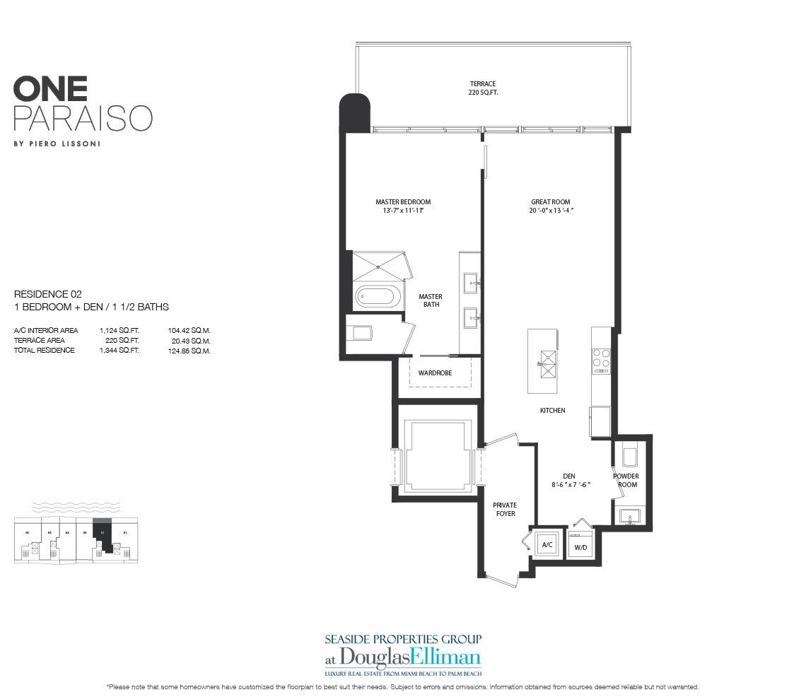 Residence 2 Floorplan for One Paraiso, Luxury Waterfront Condos in Miami, Florida, 33137