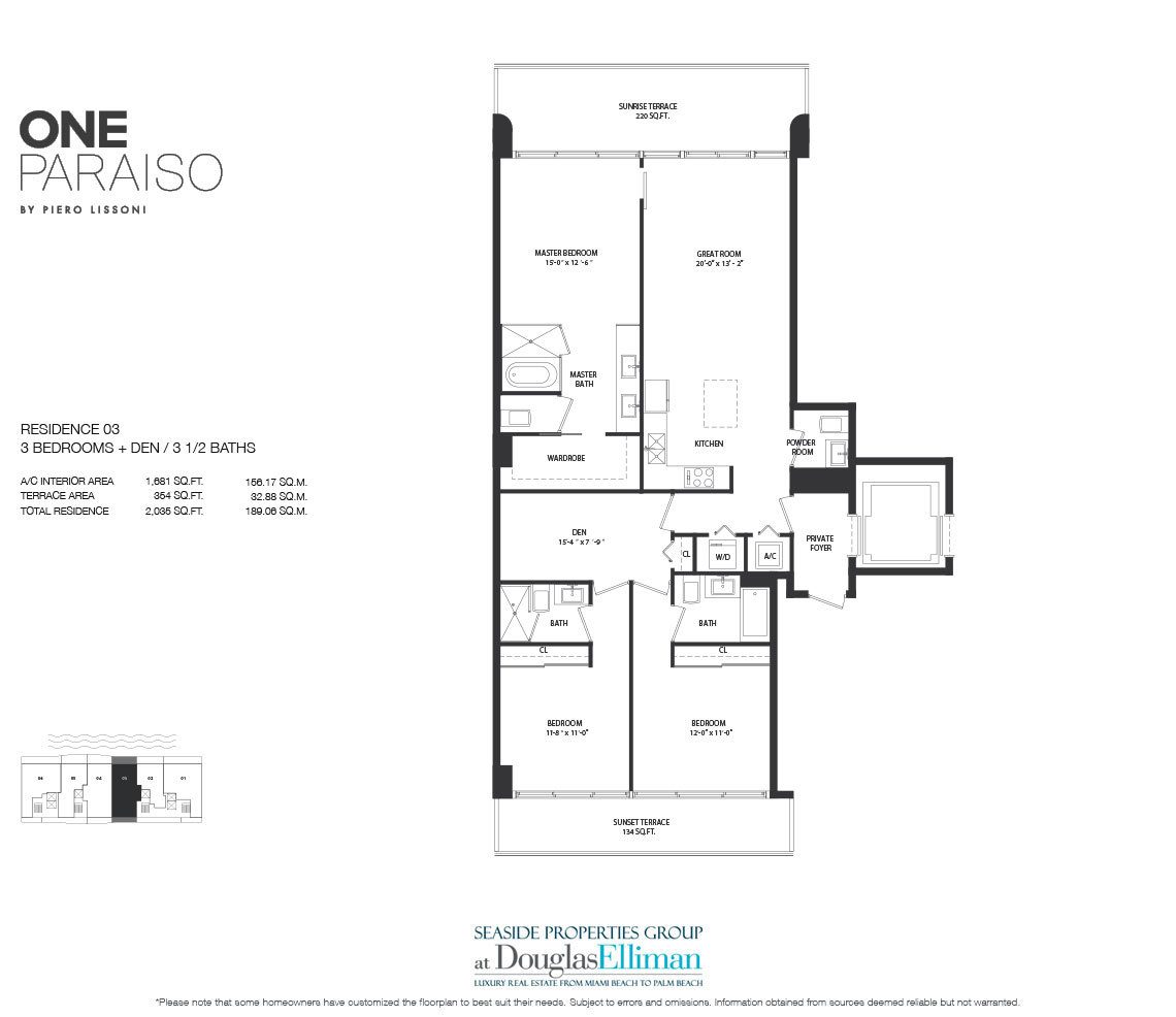 Residence 3 Floorplan for One Paraiso, Luxury Waterfront Condos in Miami, Florida, 33137