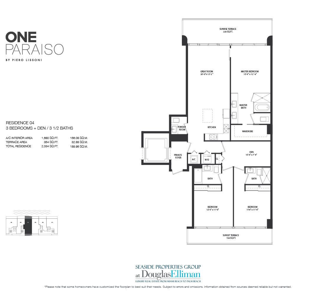 Residence 4 Floorplan for One Paraiso, Luxury Waterfront Condos in Miami, Florida, 33137