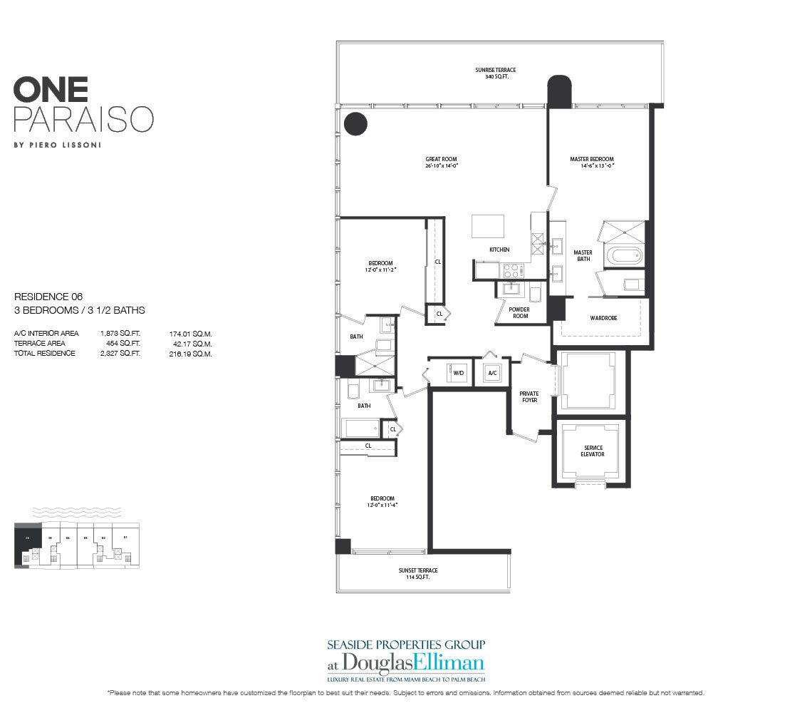 Residence 6 Floorplan for One Paraiso, Luxury Waterfront Condos in Miami, Florida, 33137
