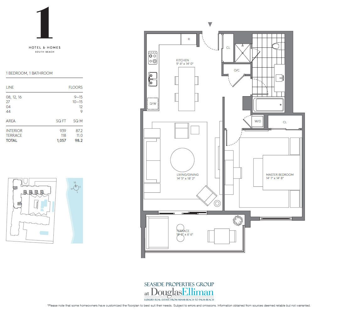 1 Bedroom Model A Floorplan for 1 Hotel & Homes South Beach, Luxury Oceanfront Condominiums Located at 2399 Collins Avenue, Miami Beach, Florida 33139