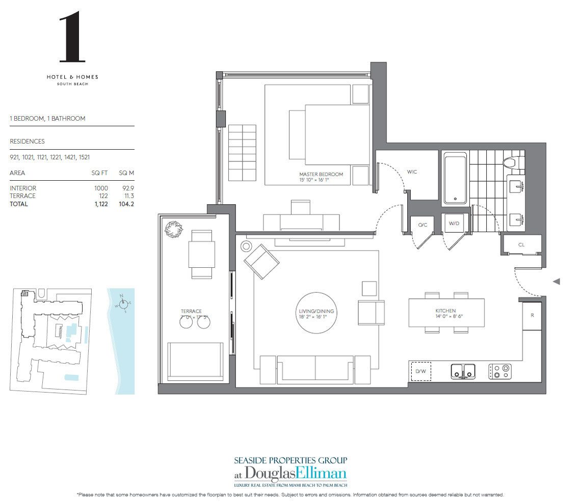 1 Bedroom Model C Floorplan for 1 Hotel & Homes South Beach, Luxury Oceanfront Condominiums Located at 2399 Collins Avenue, Miami Beach, Florida 33139