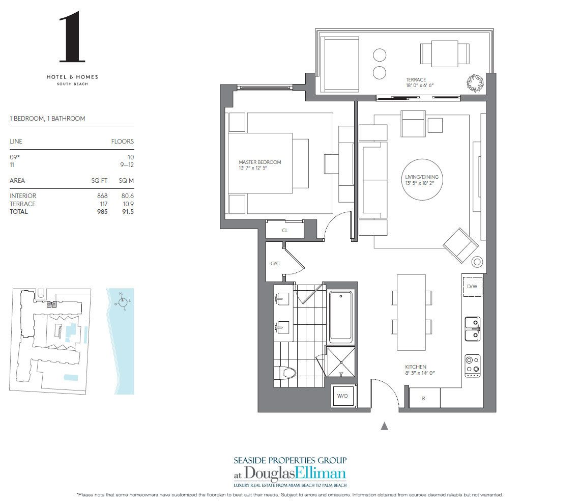 1 Bedroom Model D Floorplan for 1 Hotel & Homes South Beach, Luxury Oceanfront Condominiums Located at 2399 Collins Avenue, Miami Beach, Florida 33139
