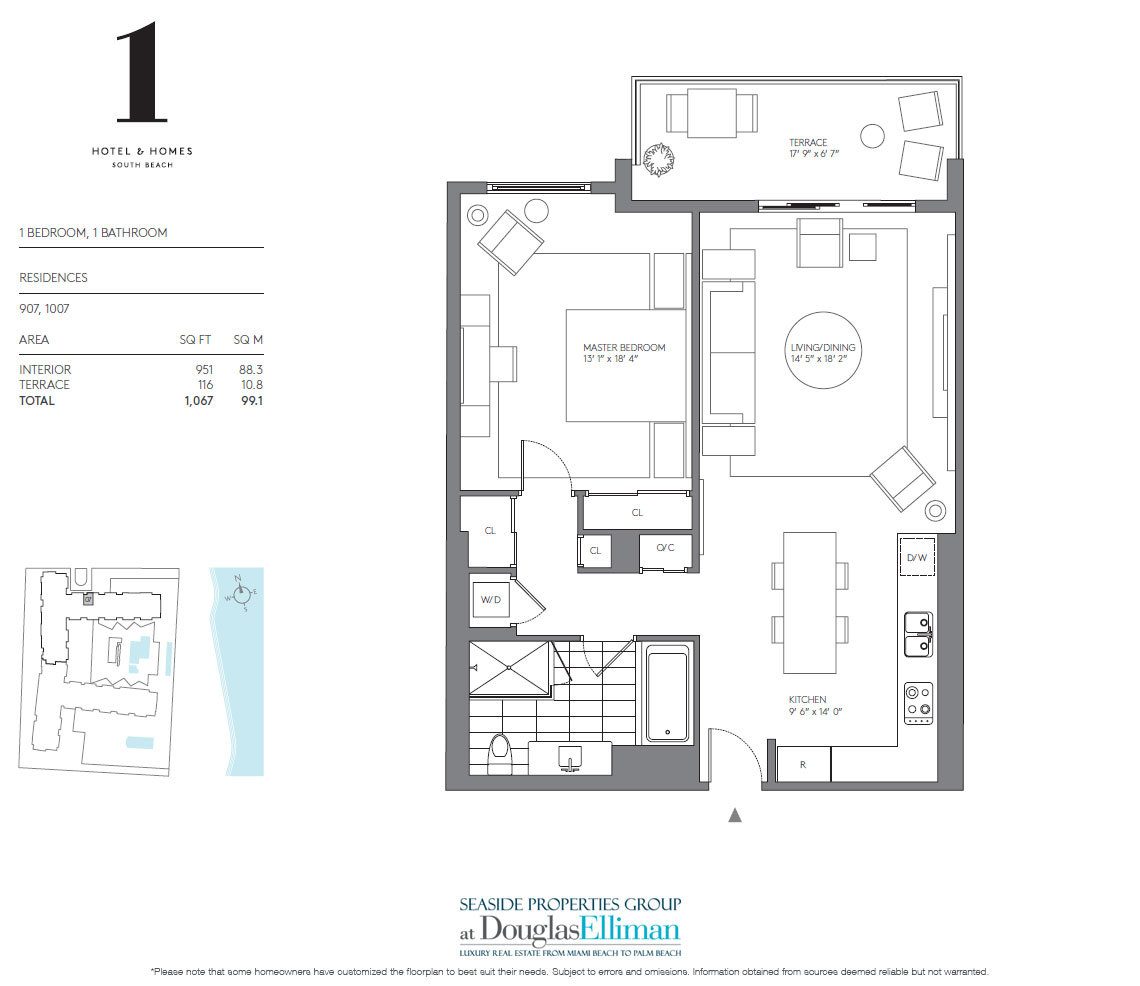 1 Bedroom Model E Floorplan for 1 Hotel & Homes South Beach, Luxury Oceanfront Condominiums Located at 2399 Collins Avenue, Miami Beach, Florida 33139