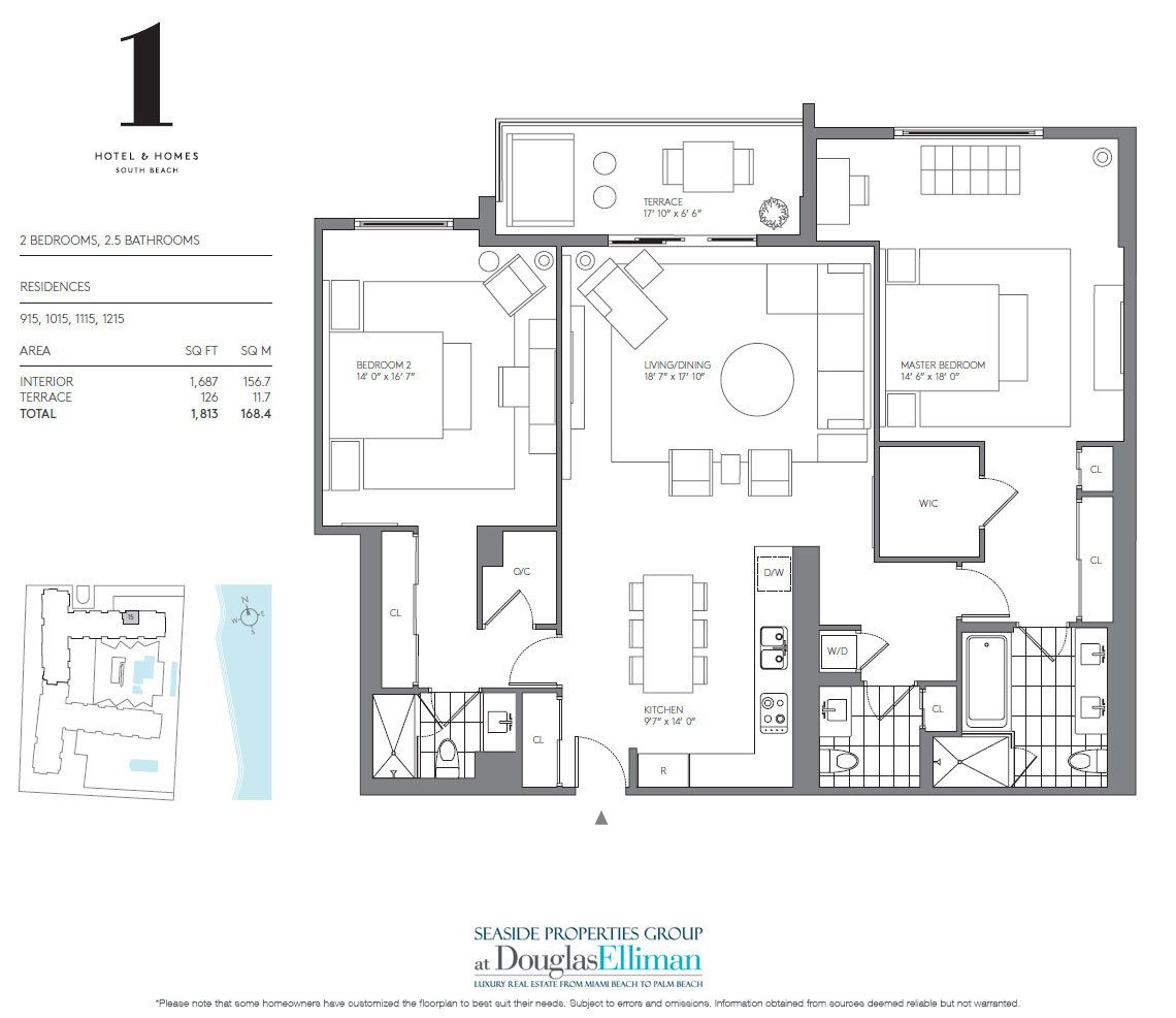2 Bedroom Model A Floorplan for 1 Hotel & Homes South Beach, Luxury Oceanfront Condominiums Located at 2399 Collins Avenue, Miami Beach, Florida 33139