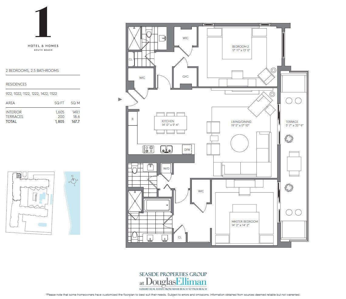 2 Bedroom Model C Floorplan for 1 Hotel & Homes South Beach, Luxury Oceanfront Condominiums Located at 2399 Collins Avenue, Miami Beach, Florida 33139