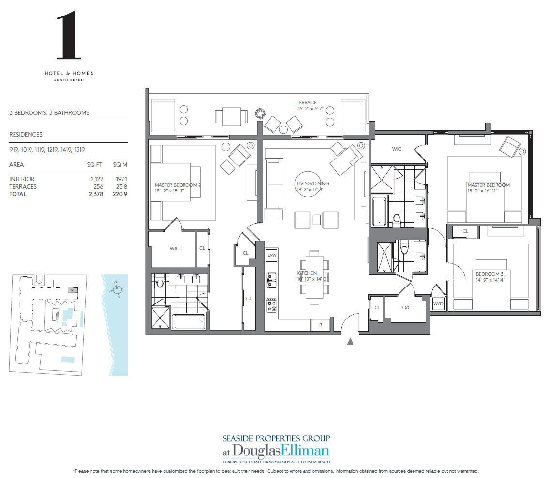 3 Bedroom Model E Floorplan for 1 Hotel & Homes South Beach, Luxury Oceanfront Condominiums Located at 2399 Collins Avenue, Miami Beach, Florida 33139