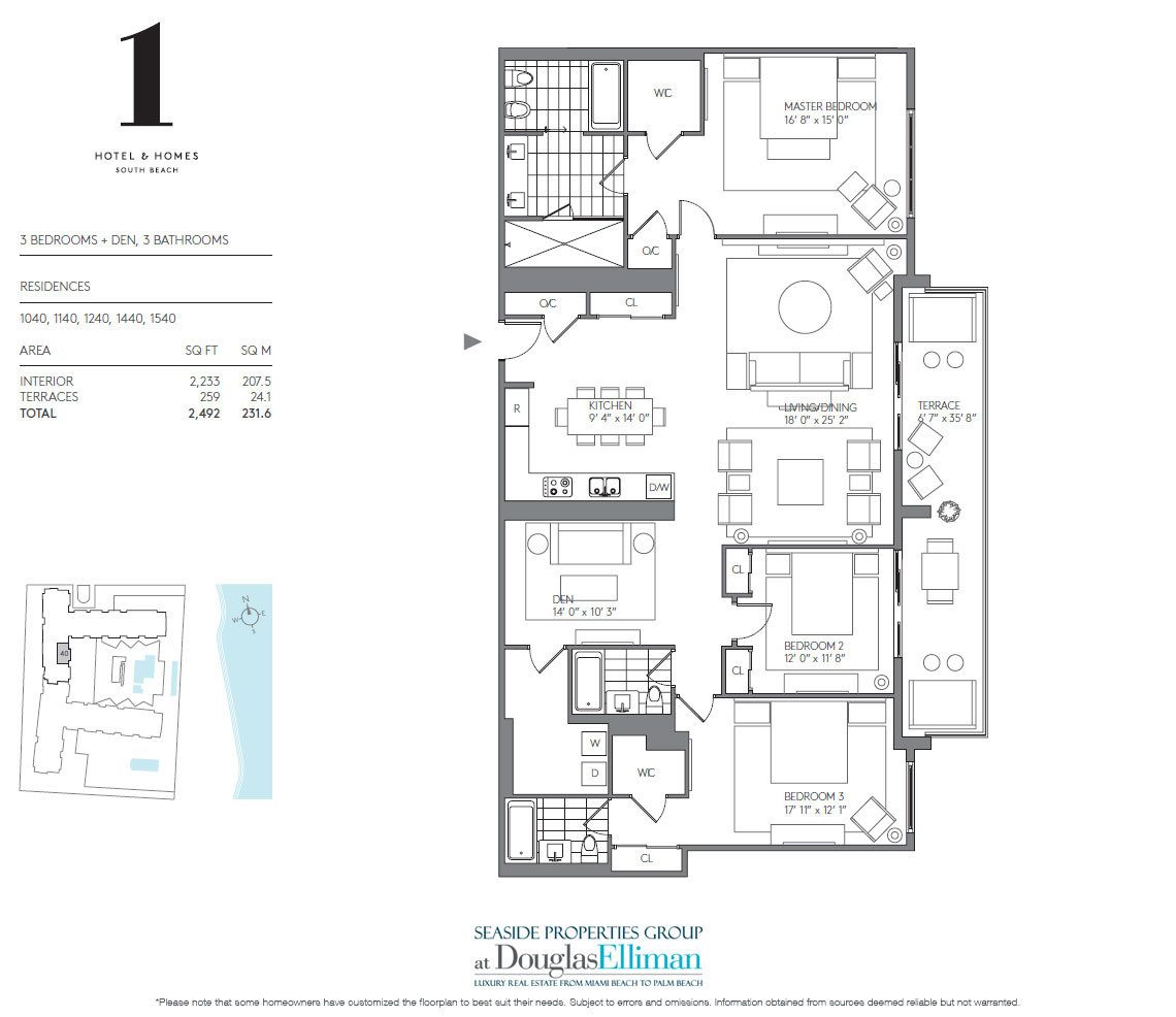 3 Bedroom Model F Floorplan for 1 Hotel & Homes South Beach, Luxury Oceanfront Condominiums Located at 2399 Collins Avenue, Miami Beach, Florida 33139