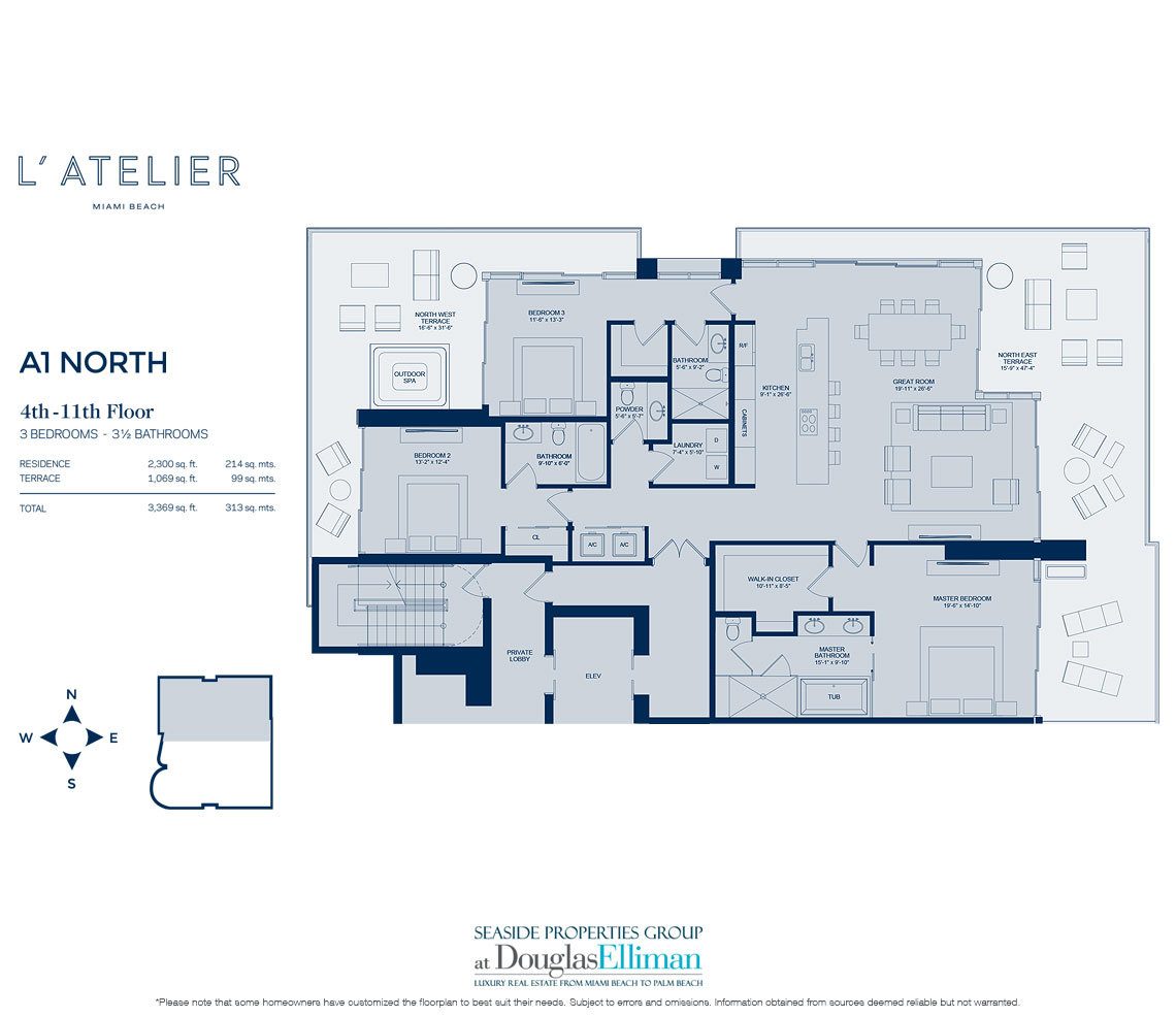 Model A1 Floorplan for L'Atelier, Luxury Oceanfront Condominiums in Miami Beach, Florida 33141