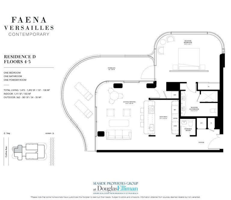 The Residence 4-5 D Floorplan for Faena Versailles Contemporary, Luxury Oceanfront Condos in Miami Beach, Florida 33140