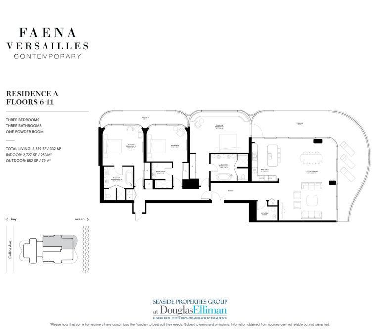 The Residence 6-11 A Floorplan for Faena Versailles Contemporary, Luxury Oceanfront Condos in Miami Beach, Florida 33140