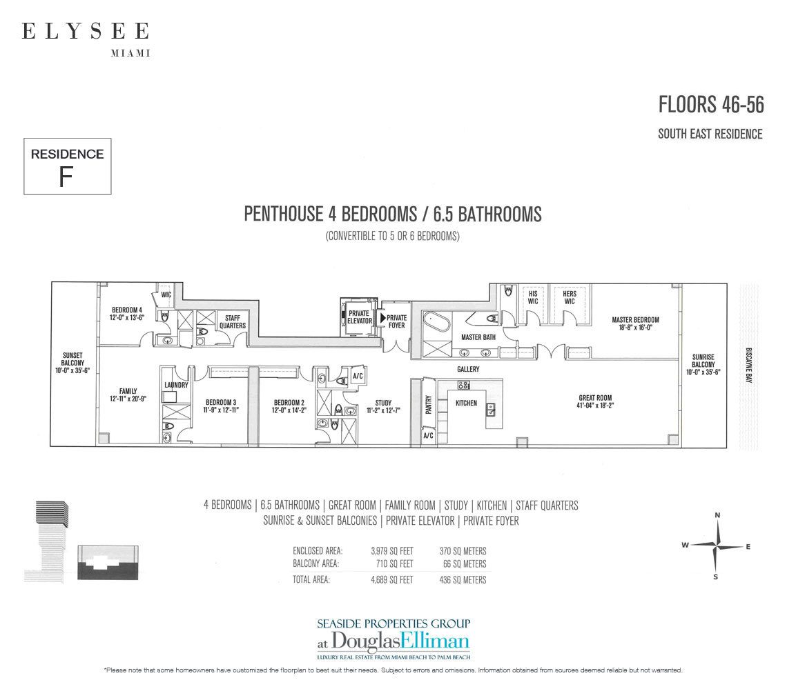 The Residence F Floor Plan at Elysee, Luxury Waterfront Condos in Miami, Florida 33137