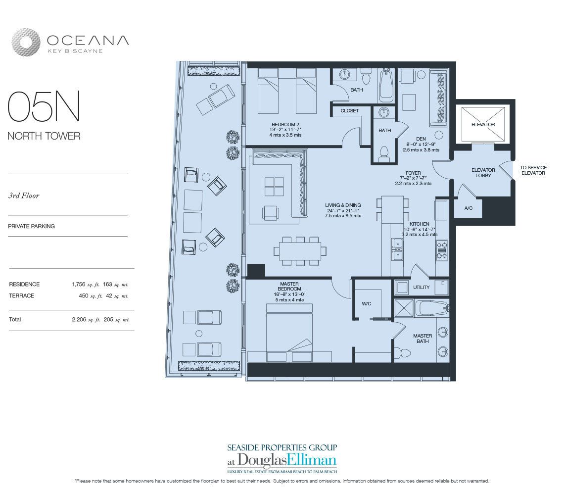 The Model 05 North, 3rd Floor Floorplan at Oceana Key Biscayne, Luxury Oceanfront Condos in Miami, Florida 33149