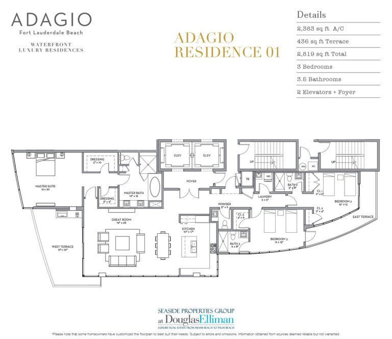 The Residence 01 Floorplan at Adagio Fort Lauderdale Beach, Luxury Waterfront Condos in Fort Lauderdale, Florida 33304
