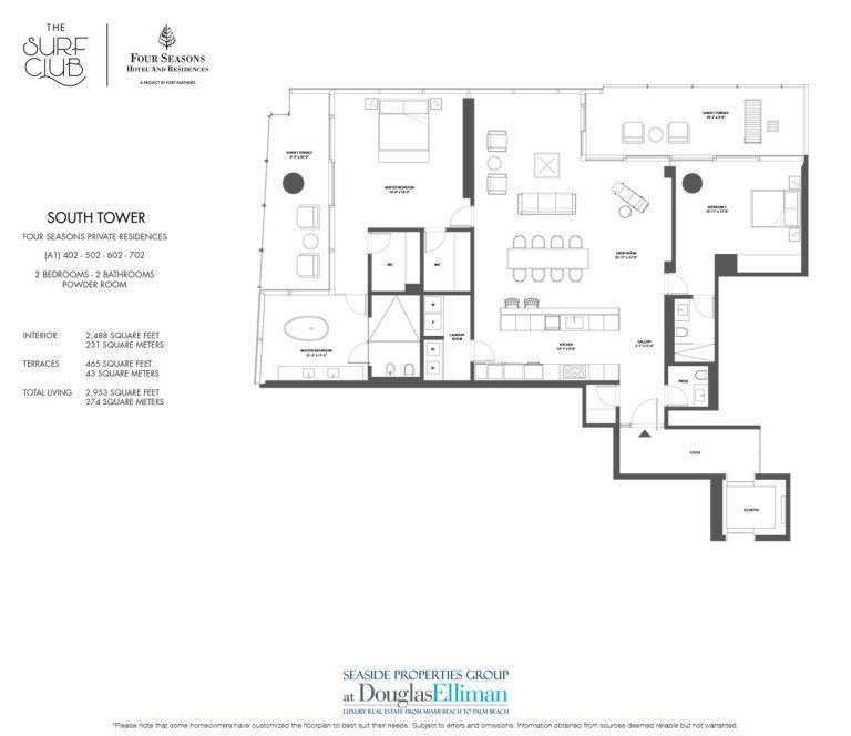 The South A1 Floorplan at the Four Seasons Residences at the Surf Club, Luxury Oceanfront Condos in Miami Beach