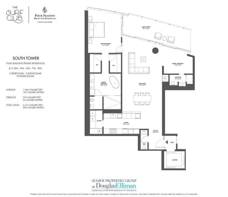 The South C1 Floorplan at the Four Seasons Residences at the Surf Club, Luxury Oceanfront Condos in Miami Beach