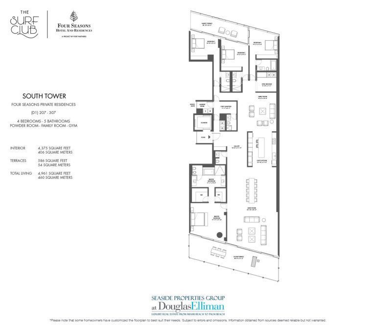 The South D1 Floorplan at the Four Seasons Residences at the Surf Club, Luxury Oceanfront Condos in Miami Beach