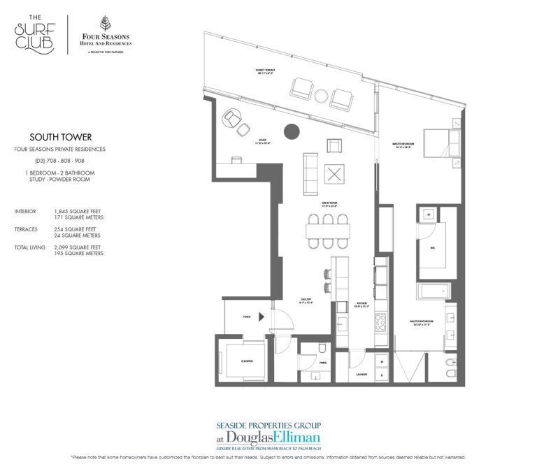The South D3 Floorplan at the Four Seasons Residences at the Surf Club, Luxury Oceanfront Condos in Miami Beach