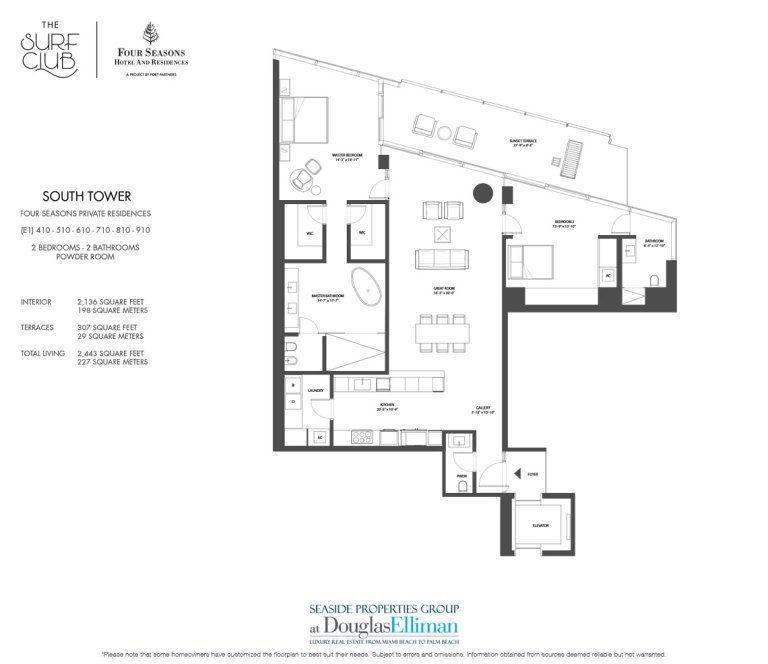 The South E1 Floorplan at the Four Seasons Residences at the Surf Club, Luxury Oceanfront Condos in Miami Beach