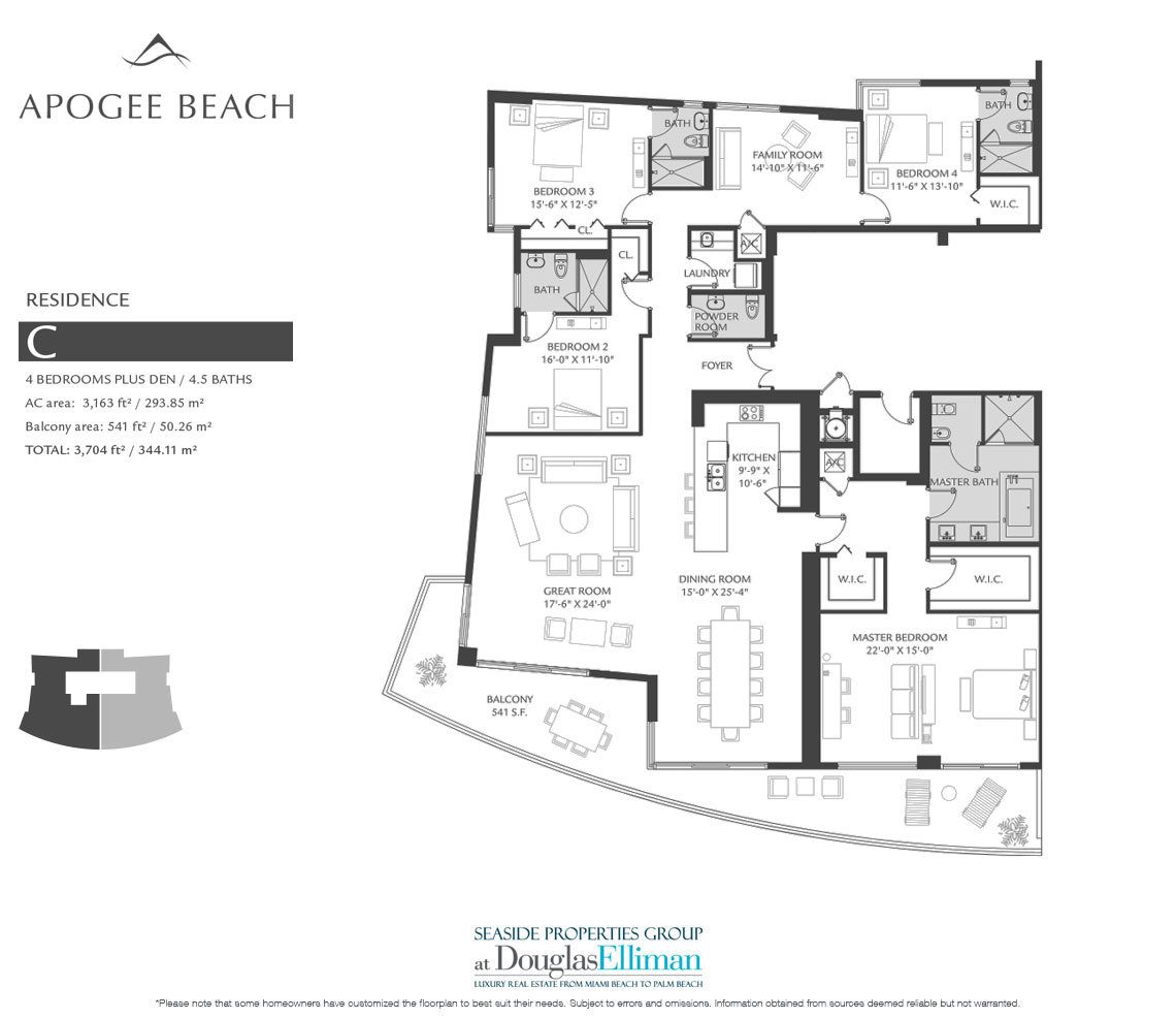 The Residence C Floorplan at Apogee Beach, Luxury Oceanfront Condos in Hollywood Beach, Florida 33019.