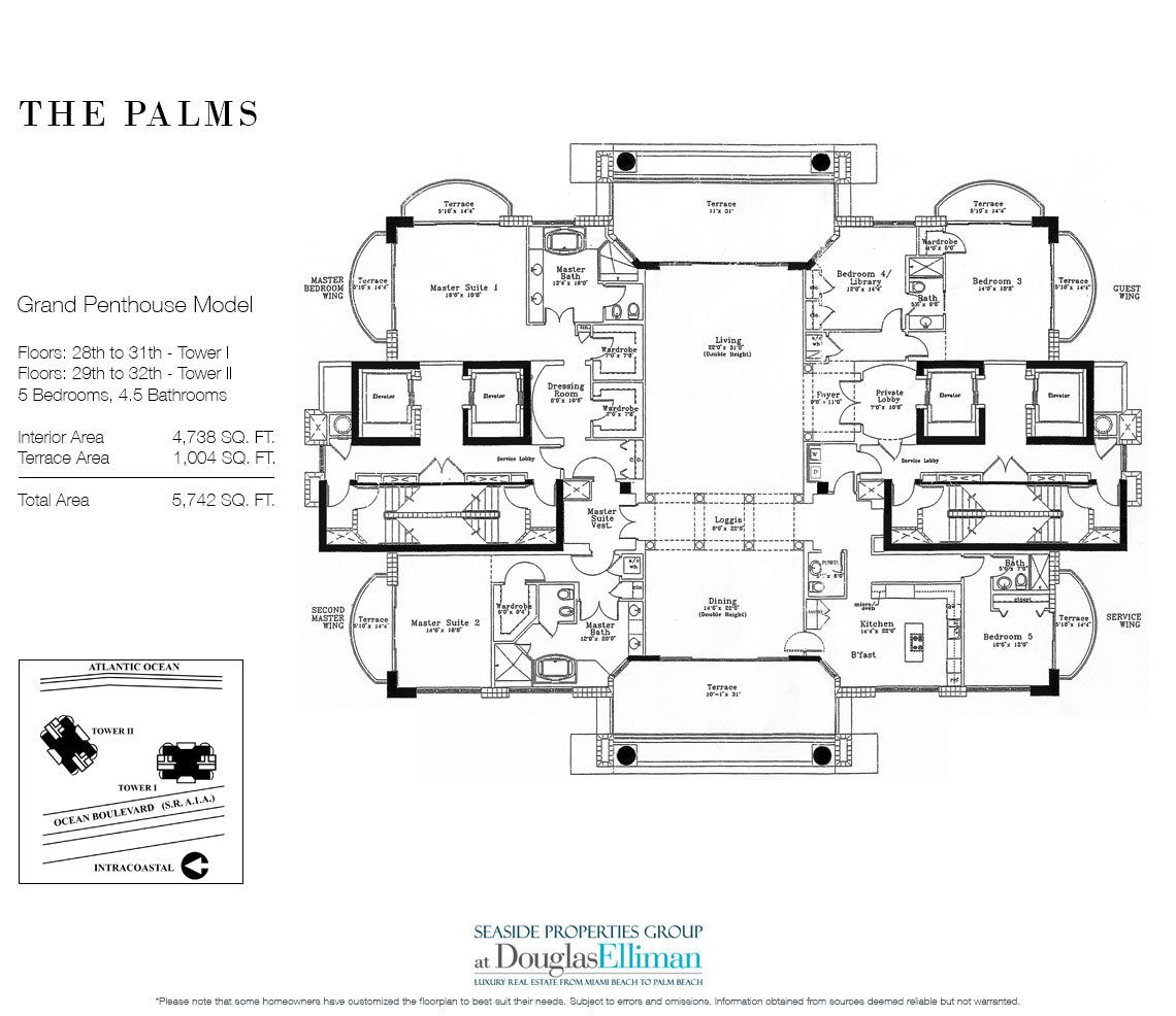 Grand Penthouse Floorplan for The Palms, Tower I South, Luxury Oceanfront Condo in Fort Lauderdale, Florida 33305