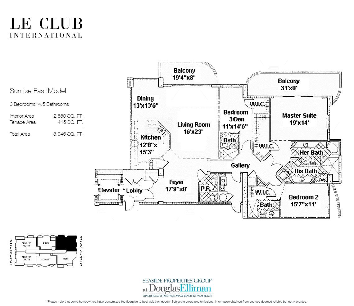 The Sunrise East Model Floorplan at Le Club International, Luxury Waterfront Condos in Fort Lauderdale, Florida 33304