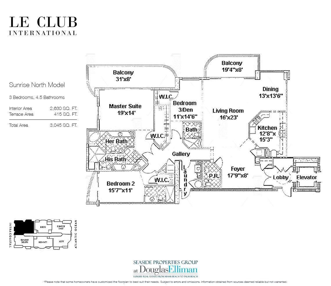 The Sunrise North Model Floorplan at Le Club International, Luxury Waterfront Condos in Fort Lauderdale, Florida 33304