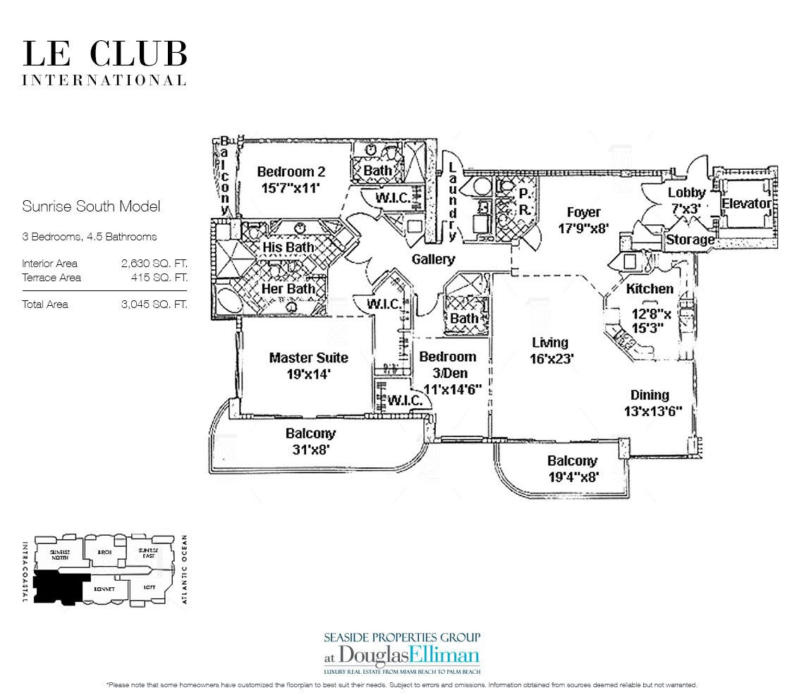 The Sunrise South Model Floorplan at Le Club International, Luxury Waterfront Condos in Fort Lauderdale, Florida 33304
