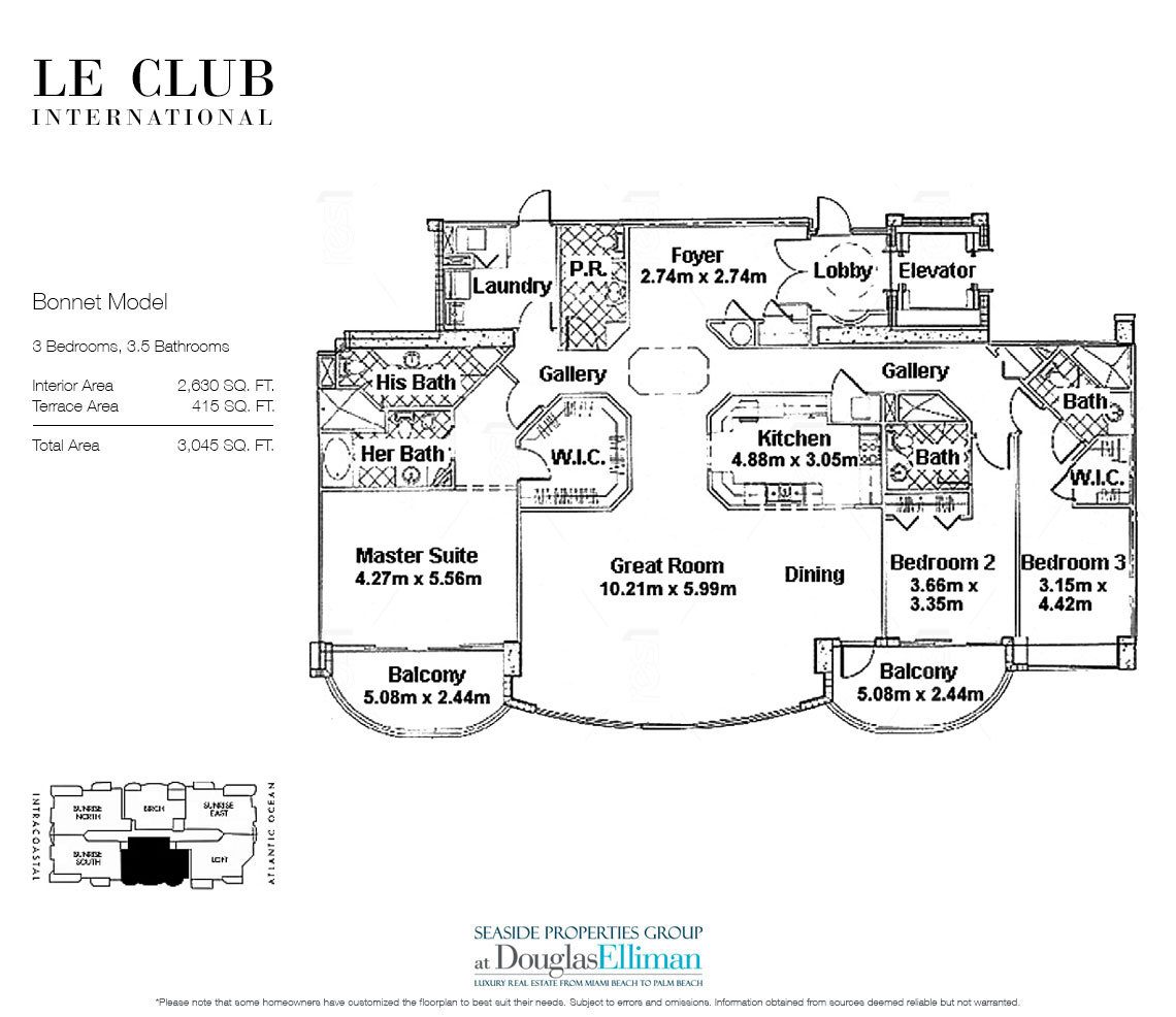 The Bonnet Model Floorplan at Le Club International, Luxury Waterfront Condos in Fort Lauderdale, Florida 33304